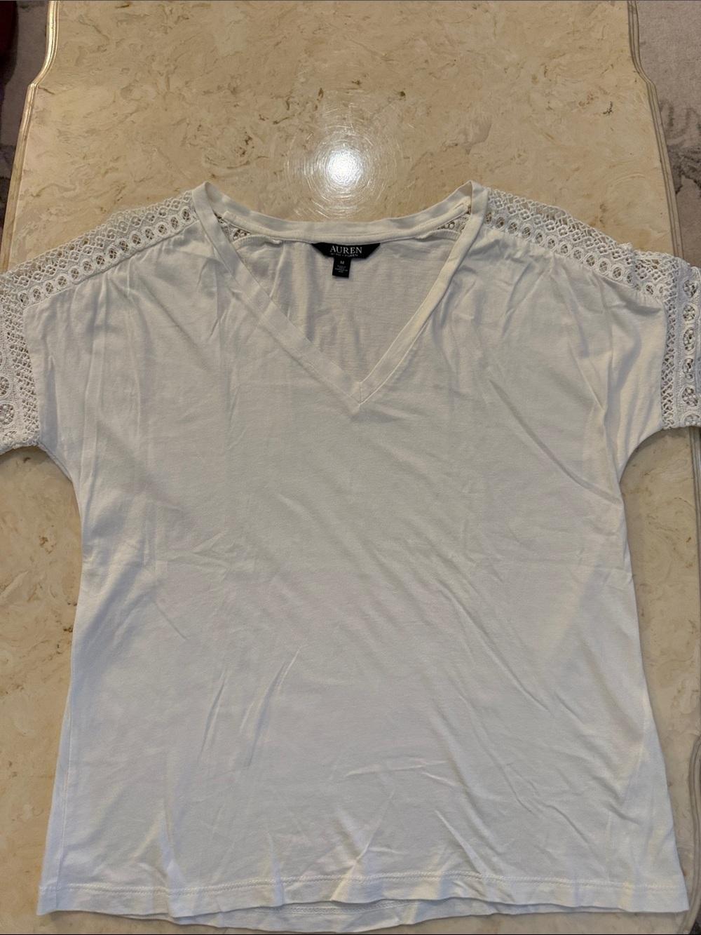 Lauren cream-colored short sleeved shirt with lace accents